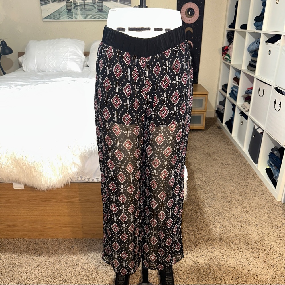 Full Tilt | Y2K Whimsigoth Boho Sheer Wide Leg Pants Cross Floral Print L